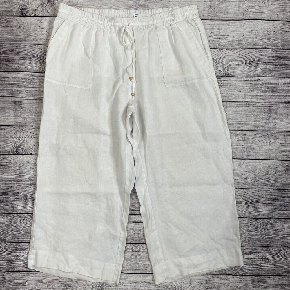 Crown & Ivy Beach Crop 100% Linen Pants Womens Size Large Solid White Pull-On